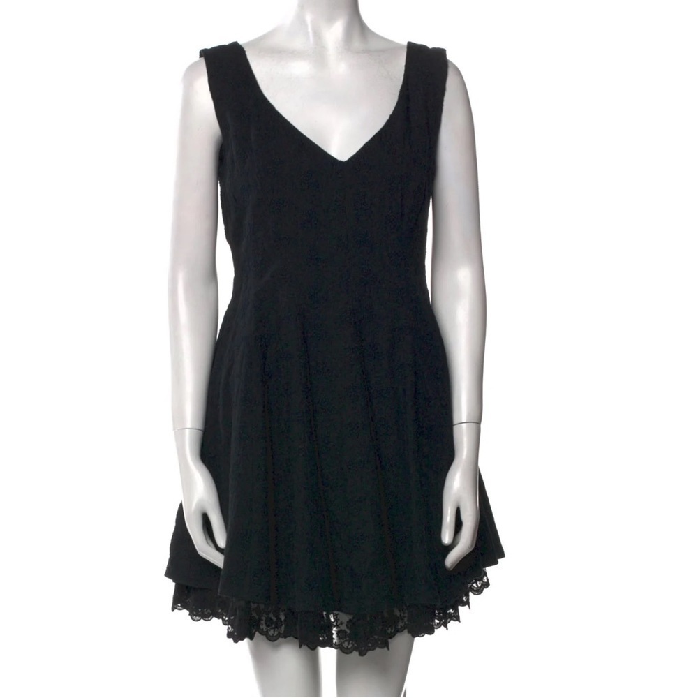 NWT Naya Rea Black Floral Embroidered Fit Flare Mini Dress Lace Hem Linen Sz 14